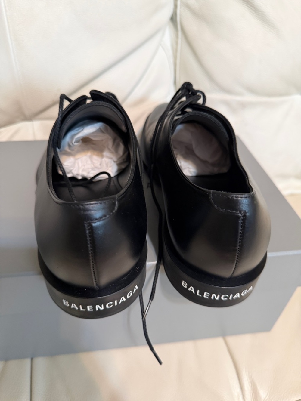 Balenciaga Black Leather Derby Shoes with Logo Heel